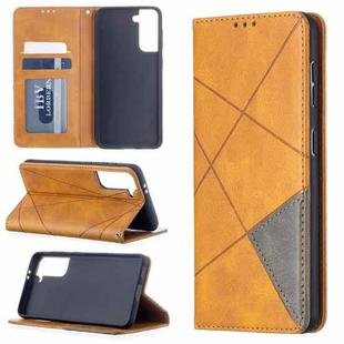 For Samsung Galaxy S21 5G Rhombus Texture Horizontal Flip Magnetic Leather Case with Holder & Card Slots(Yellow)