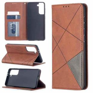 For Samsung Galaxy S21 5G Rhombus Texture Horizontal Flip Magnetic Leather Case with Holder & Card Slots(Brown)