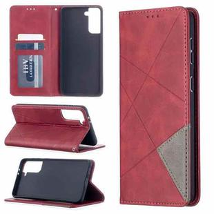For Samsung Galaxy S21+ 5G Rhombus Texture Horizontal Flip Magnetic Leather Case with Holder & Card Slots(Red)