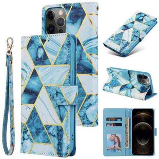 For iPhone 12 Pro Max Marble Bronzing Stitching Horizontal Flip PU Leather Case with Holder & Card Slots & Wallet & Photo Frame(Blue)
