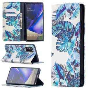 For Samsung Galaxy Note20 Colored Drawing Pattern Invisible Magnetic Horizontal Flip PU Leather Case with Holder & Card Slots & Wallet(Blue Leaves)