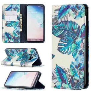 For Samsung Galaxy S10e Colored Drawing Pattern Invisible Magnetic Horizontal Flip PU Leather Case with Holder & Card Slots & Wallet(Blue Leaves)