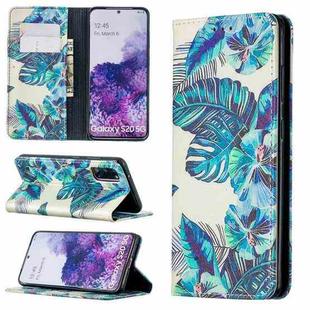 For Samsung Galaxy S20 Colored Drawing Pattern Invisible Magnetic Horizontal Flip PU Leather Case with Holder & Card Slots & Wallet(Blue Leaves)