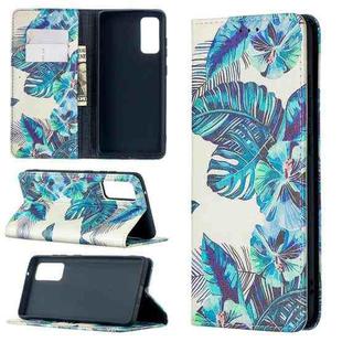 For Samsung Galaxy S20 FE Colored Drawing Pattern Invisible Magnetic Horizontal Flip PU Leather Case with Holder & Card Slots & Wallet(Blue Leaves)