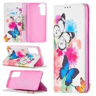 For Samsung Galaxy S21 Colored Drawing Pattern Invisible Magnetic Flip Leather Case (Two Butterflies)