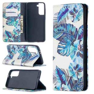 For Samsung Galaxy S21 Colored Drawing Pattern Invisible Magnetic Flip Leather Case (Blue Leaves)