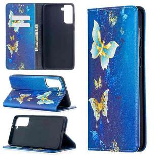 For Samsung Galaxy S21+ 5G Colored Drawing Pattern Invisible Magnetic Horizontal Flip PU Leather Case with Holder & Card Slots & Wallet(Gold Butterflies)
