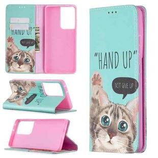 For Samsung Galaxy S21 Ultra 5G Colored Drawing Pattern Invisible Magnetic Horizontal Flip PU Leather Case with Holder & Card Slots & Wallet(Cat)