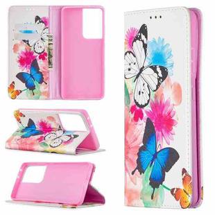 For Samsung Galaxy S21 Ultra 5G Colored Drawing Pattern Invisible Magnetic Horizontal Flip PU Leather Case with Holder & Card Slots & Wallet(Two Butterflies)