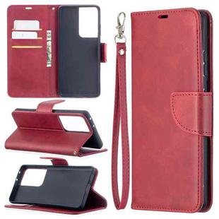 For Samsung Galaxy S21 Ultra 5G Lambskin Texture Pure Color Horizontal Flip PU Leather Case with Holder & Card Slots & Wallet & Lanyard(Red)