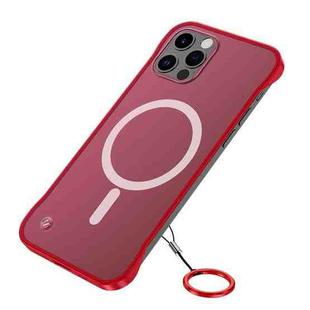 For iPhone 12 Pro Max Frosted Soft Four-corner Shockproof Magsafe Case with Finger Ring Strap(Red)