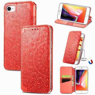 For iPhone SE 2022 / SE 2020 / 8 / 7 Blooming Mandala Embossed Pattern Magnetic Horizontal Flip Leather Case with Holder & Card Slots & Wallet(Orange)