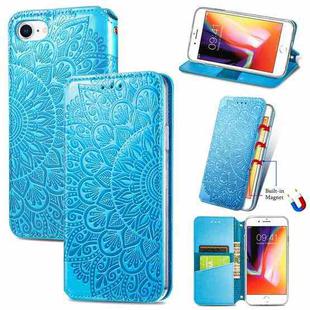 For iPhone SE 2022 / SE 2020 / 8 / 7 Blooming Mandala Embossed Pattern Magnetic Horizontal Flip Leather Case with Holder & Card Slots & Wallet(Blue)