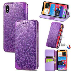 For iPhone X / XS Blooming Mandala Embossed Pattern Magnetic Horizontal Flip Leather Case with Holder & Card Slots & Wallet(Purple)