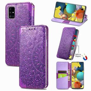Blooming Mandala Embossed Pattern Magnetic Horizontal Flip Leather Case with Holder & Card Slots & Wallet For Samsung Galaxy A51(Purple)