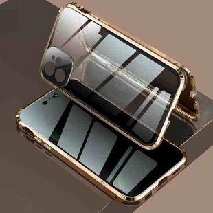For iPhone 12 Four-corner Shockproof Anti-peeping Magnetic Metal Frame Double-sided Tempered Glass Case(Gold)