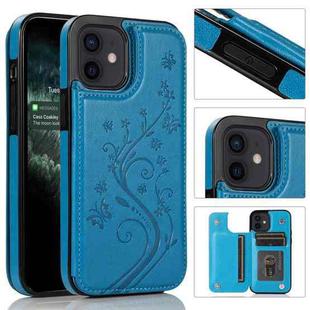 For iPhone 12 mini Butterflies Flowers Double Buckle PU + TPU Protective Case with Holder & Card Slots & Photo Frame (Blue)