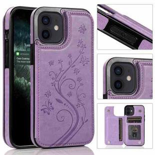 For iPhone 12 mini Butterflies Flowers Double Buckle PU + TPU Protective Case with Holder & Card Slots & Photo Frame (Purple)