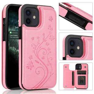 For iPhone 12 mini Butterflies Flowers Double Buckle PU + TPU Protective Case with Holder & Card Slots & Photo Frame (Pink)