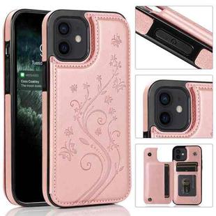 For iPhone 12 mini Butterflies Flowers Double Buckle PU + TPU Protective Case with Holder & Card Slots & Photo Frame (Rose Gold)