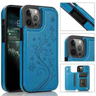 For iPhone 12 / 12 Pro Butterflies Flowers Double Buckle PU + TPU Protective Case with Holder & Card Slots & Photo Frame(Blue)
