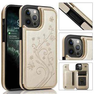 For iPhone 12 / 12 Pro Butterflies Flowers Double Buckle PU + TPU Protective Case with Holder & Card Slots & Photo Frame(Gold)