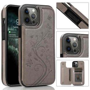 For iPhone 12 / 12 Pro Butterflies Flowers Double Buckle PU + TPU Protective Case with Holder & Card Slots & Photo Frame(Grey)