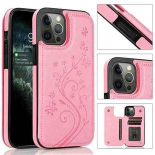 For iPhone 12 / 12 Pro Butterflies Flowers Double Buckle PU + TPU Protective Case with Holder & Card Slots & Photo Frame(Pink)