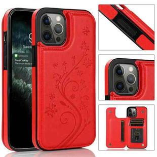 For iPhone 12 / 12 Pro Butterflies Flowers Double Buckle PU + TPU Protective Case with Holder & Card Slots & Photo Frame(Red)