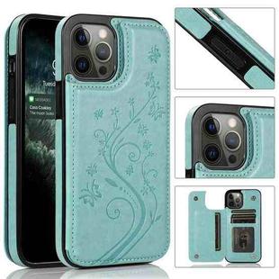 For iPhone 12 / 12 Pro Butterflies Flowers Double Buckle PU + TPU Protective Case with Holder & Card Slots & Photo Frame(Green)