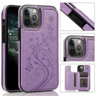 For iPhone 12 Pro Max Butterflies Flowers Double Buckle PU + TPU Protective Case with Holder & Card Slots & Photo Frame(Purple)