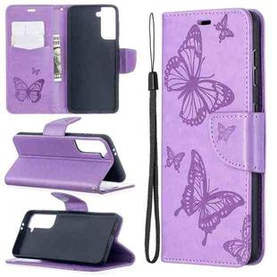 For Samsung Galaxy S21 5G Embossing Two Butterflies Pattern Horizontal Flip PU Leather Case with Holder & Card Slot & Wallet & Lanyard(Purple)
