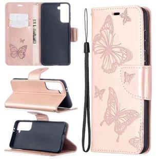 For Samsung Galaxy S21 5G Embossing Two Butterflies Pattern Horizontal Flip PU Leather Case with Holder & Card Slot & Wallet & Lanyard(Rose Gold)