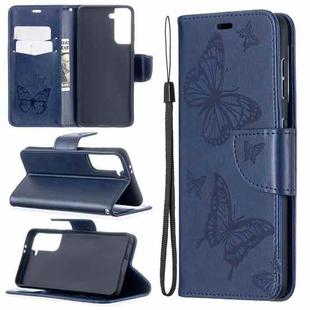 For Samsung Galaxy S21 5G Embossing Two Butterflies Pattern Horizontal Flip PU Leather Case with Holder & Card Slot & Wallet & Lanyard(Blue)