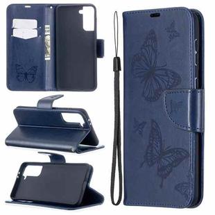 For Samsung Galaxy S21+ 5G Embossing Two Butterflies Pattern Horizontal Flip PU Leather Case with Holder & Card Slot & Wallet & Lanyard(Blue)