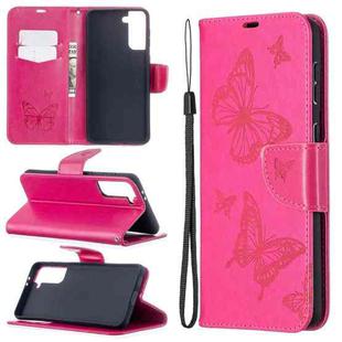 For Samsung Galaxy S21+ 5G Embossing Two Butterflies Pattern Horizontal Flip PU Leather Case with Holder & Card Slot & Wallet & Lanyard(Rose Red)