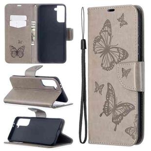 For Samsung Galaxy S21+ 5G Embossing Two Butterflies Pattern Horizontal Flip PU Leather Case with Holder & Card Slot & Wallet & Lanyard(Grey)