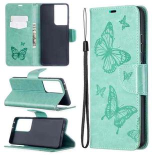 For Samsung Galaxy S21 Ultra 5G Embossing Two Butterflies Pattern Horizontal Flip PU Leather Case with Holder & Card Slot & Wallet & Lanyard(Green)
