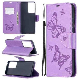 For Samsung Galaxy S21 Ultra 5G Embossing Two Butterflies Pattern Horizontal Flip PU Leather Case with Holder & Card Slot & Wallet & Lanyard(Purple)