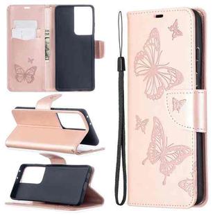 For Samsung Galaxy S21 Ultra 5G Embossing Two Butterflies Pattern Horizontal Flip PU Leather Case with Holder & Card Slot & Wallet & Lanyard(Rose Gold)