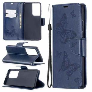For Samsung Galaxy S21 Ultra 5G Embossing Two Butterflies Pattern Horizontal Flip PU Leather Case with Holder & Card Slot & Wallet & Lanyard(Blue)