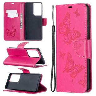 For Samsung Galaxy S21 Ultra 5G Embossing Two Butterflies Pattern Horizontal Flip PU Leather Case with Holder & Card Slot & Wallet & Lanyard(Rose Red)