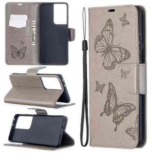 For Samsung Galaxy S21 Ultra 5G Embossing Two Butterflies Pattern Horizontal Flip PU Leather Case with Holder & Card Slot & Wallet & Lanyard(Grey)