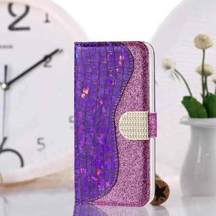 For Samsung Galaxy S21 5G Laser Glitter Powder Matching Crocodile Texture Horizontal Flip Leather Case with Card Slots & Holder(Purple)