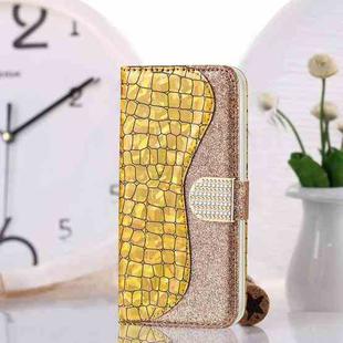 For Samsung Galaxy S21 5G Laser Glitter Powder Matching Crocodile Texture Horizontal Flip Leather Case with Card Slots & Holder(Gold)