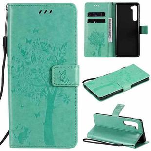 For Motorola Edge Tree & Cat Pattern Pressed Printing Horizontal Flip PU Leather Case with Holder & Card Slots & Wallet & Lanyard(Green)