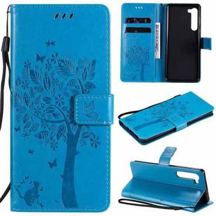 For Motorola Edge Tree & Cat Pattern Pressed Printing Horizontal Flip PU Leather Case with Holder & Card Slots & Wallet & Lanyard(Blue)