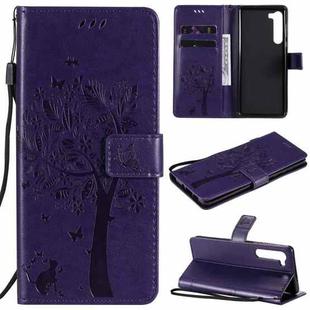 For Motorola Edge Tree & Cat Pattern Pressed Printing Horizontal Flip PU Leather Case with Holder & Card Slots & Wallet & Lanyard(Purple)