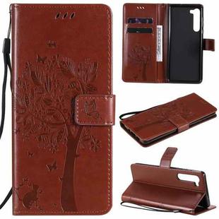 For Motorola Edge Tree & Cat Pattern Pressed Printing Horizontal Flip PU Leather Case with Holder & Card Slots & Wallet & Lanyard(Brown)