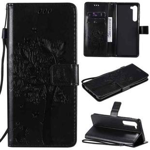 For Motorola Edge Tree & Cat Pattern Pressed Printing Horizontal Flip PU Leather Case with Holder & Card Slots & Wallet & Lanyard(Black)